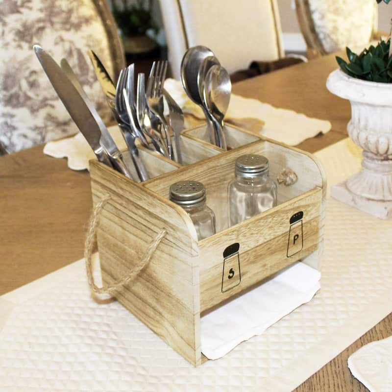 Wooden Utensil Caddy Flatware Holder with Handles - S