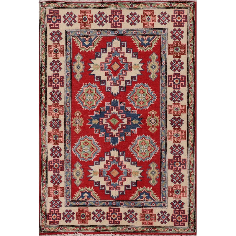 Geometric Kazak Oriental Accent Rug Handmade Red Wool Carpet - 3'3"x 5'0"