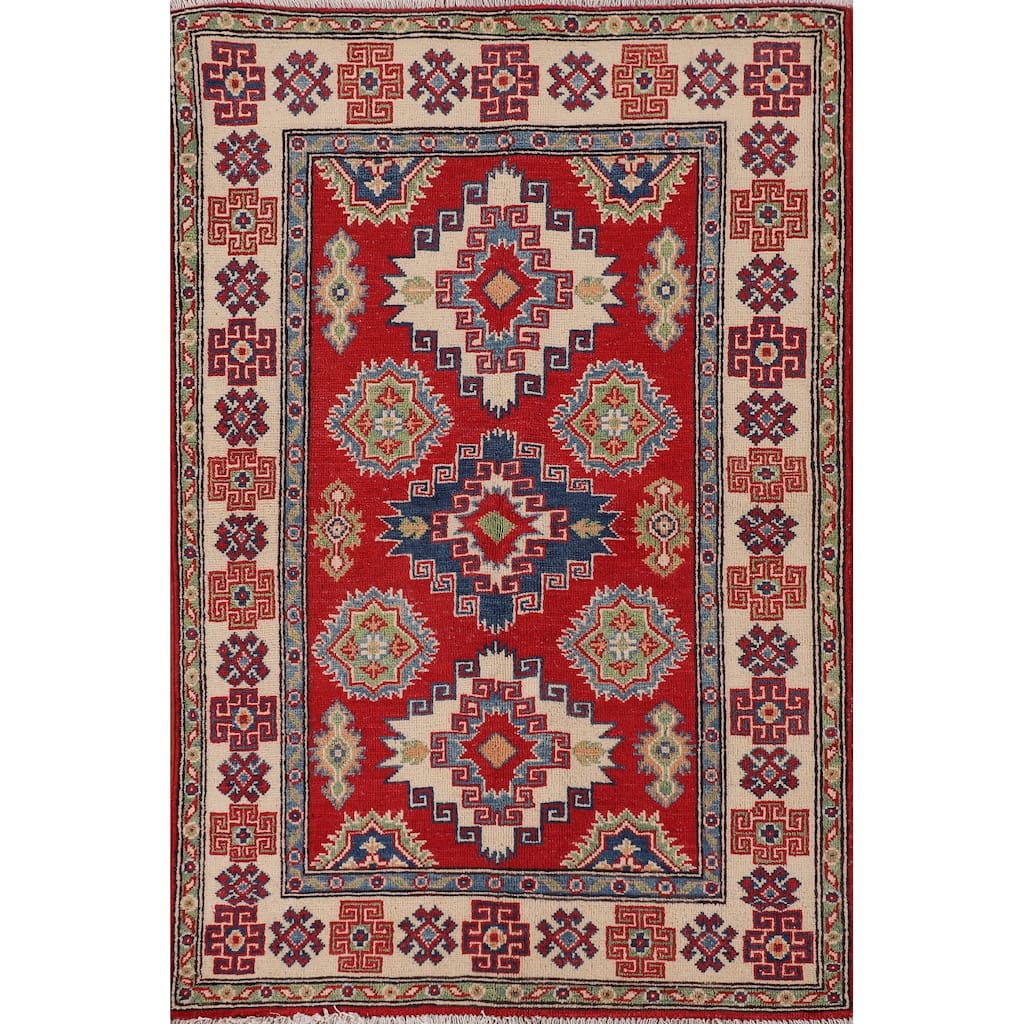 Geometric Kazak Oriental Accent Rug Handmade Red Wool Carpet - 3'3"x 5'0"