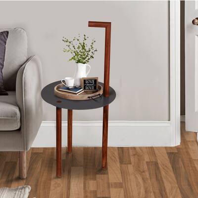 29 Inch Round Metal Top End Table with Inbuilt Wooden Pole, Brown and Black