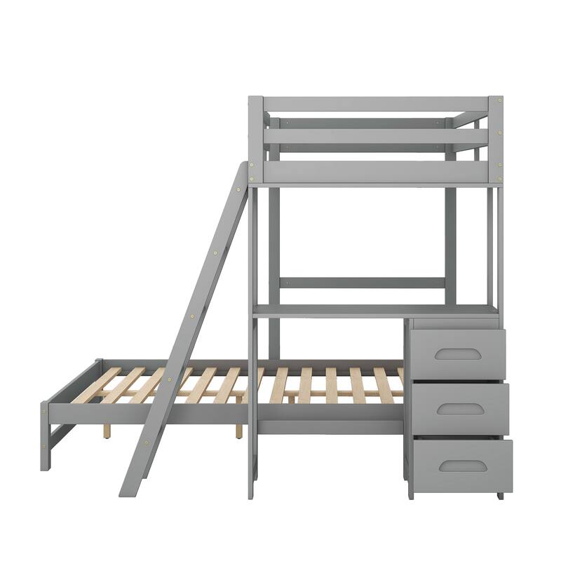 Twin over Full L-Shaped Bunk Bed Multi-Functional Pine Wood Bunk Bed Frame with All-in-One Desk and 3 Drawers