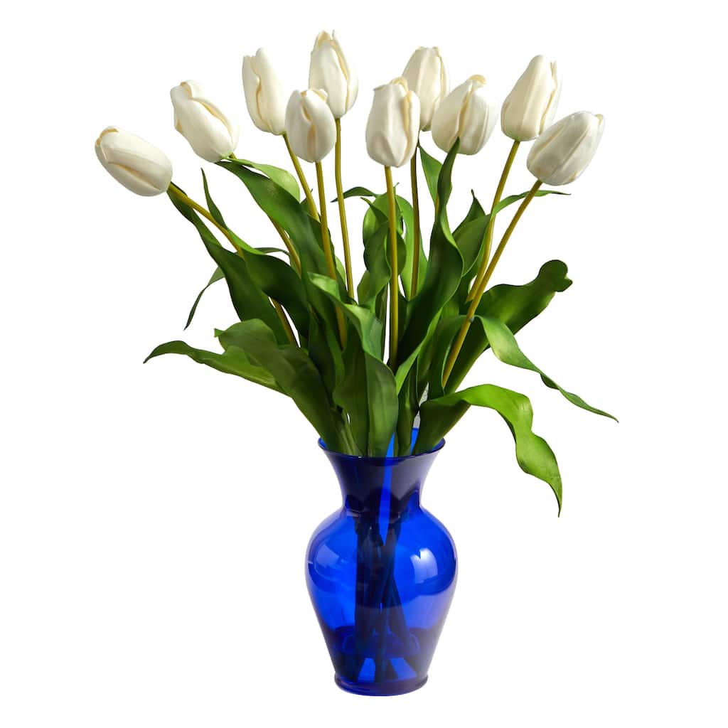 22" Dutch Tulip Artificial Arrangement in Blue Colored Vase