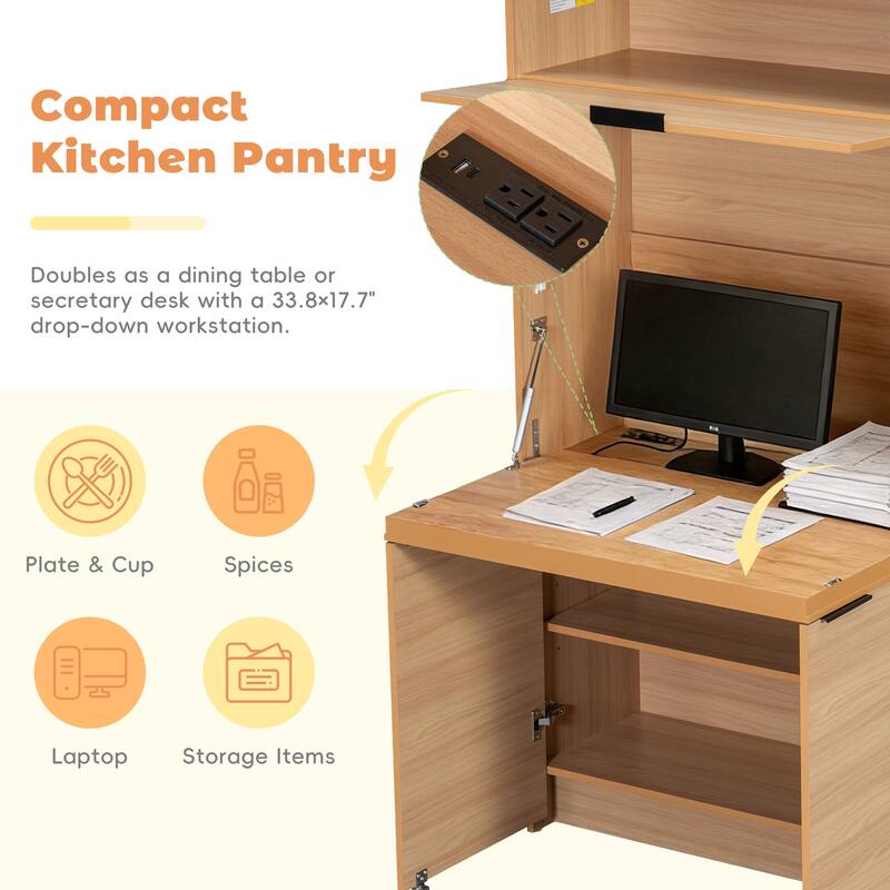 Compact Kitchen Pantry Storage Cabinet, 69" H Buffet Sideboard Server Table with Drop-Down Workstation & Power Outlet