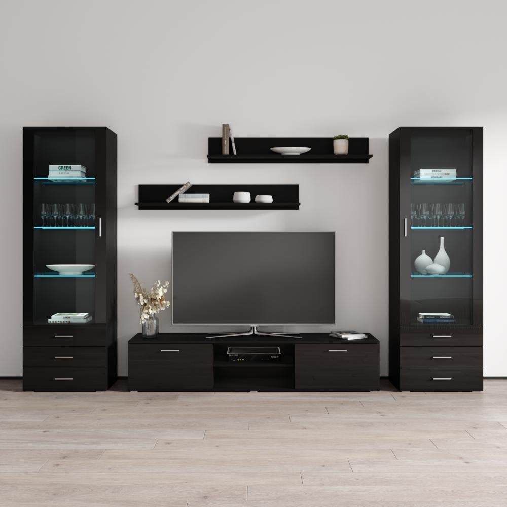 Meble Furniture Soho 4 Modern Wall Unit Entertainment Center for up to 80" TVs 120"W x 75.5"H x 17"D with LED Lights, Bookcases