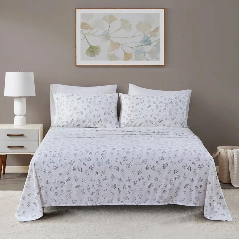 4pc King Oversized Cotton Flannel Deep Sheet Set Beige Windowpane Bed