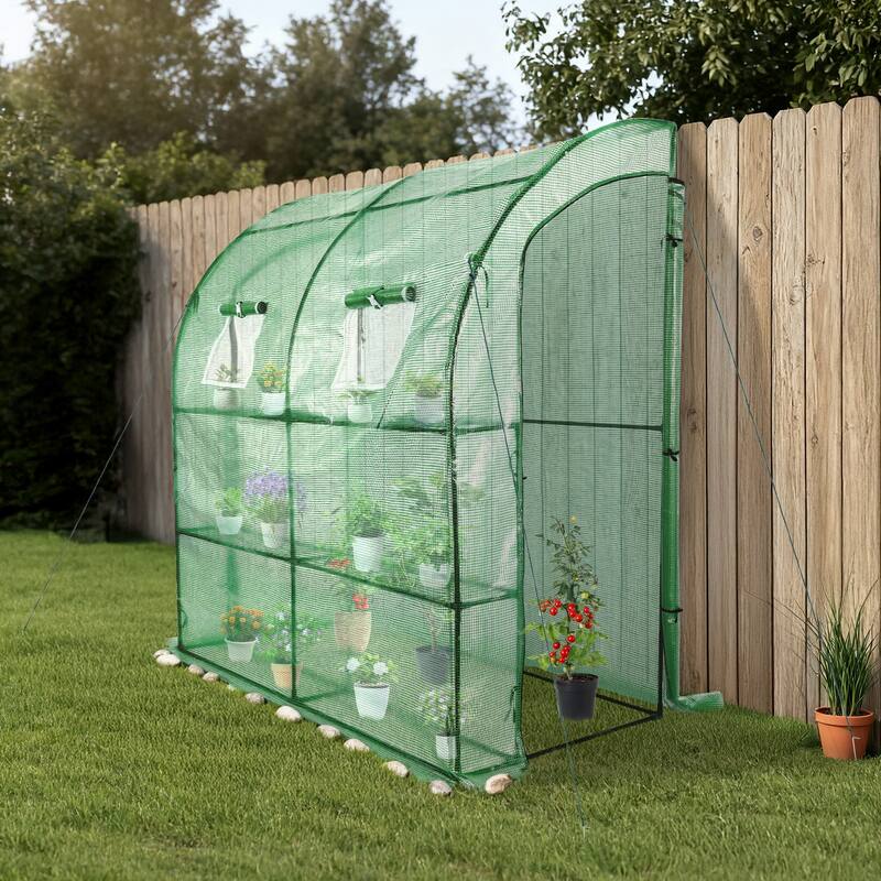 Aoodor 7x3x7 FT Portable Walk-in Greenhouse with Shelves, Steel Frame with PE Cover, Anchor and Ropes - 7x3x7ft - Green