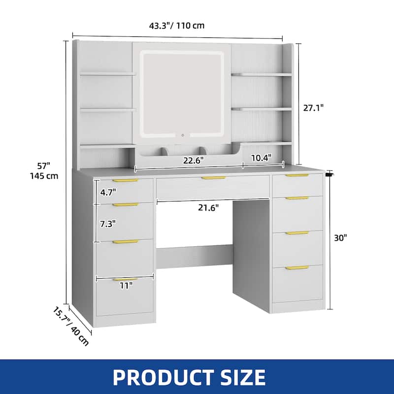Moasis 9 Drawers Bedroom Vanity Desk,Makeup Vanity with Lighted Mirror and 9 Open Shelves
