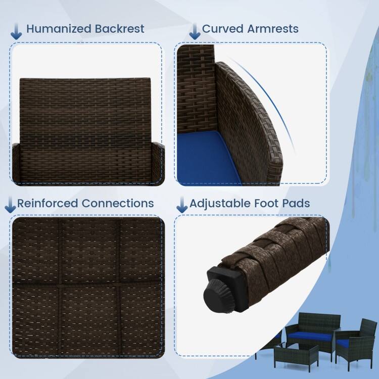 4 Piece Outdoor Rattan Patio Set with Cushions and Glass Table - 39.5" x 22.5" x 32"