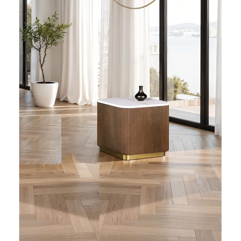 Modern Genuine Marble Top Coffee Table with Accent Gold Stainless Steel Base - White+Brown(1PC) - 19.5" Square