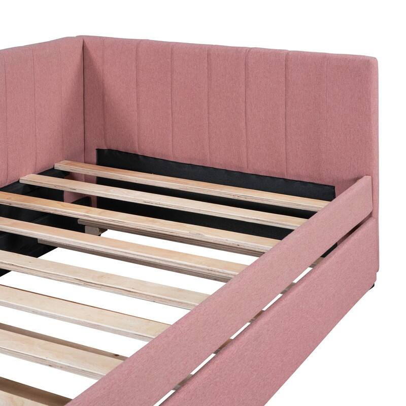 Upholstered Daybed with Trundle Twin Size Sofa Bed Frame No Box Spring Needed, Linen Fabric