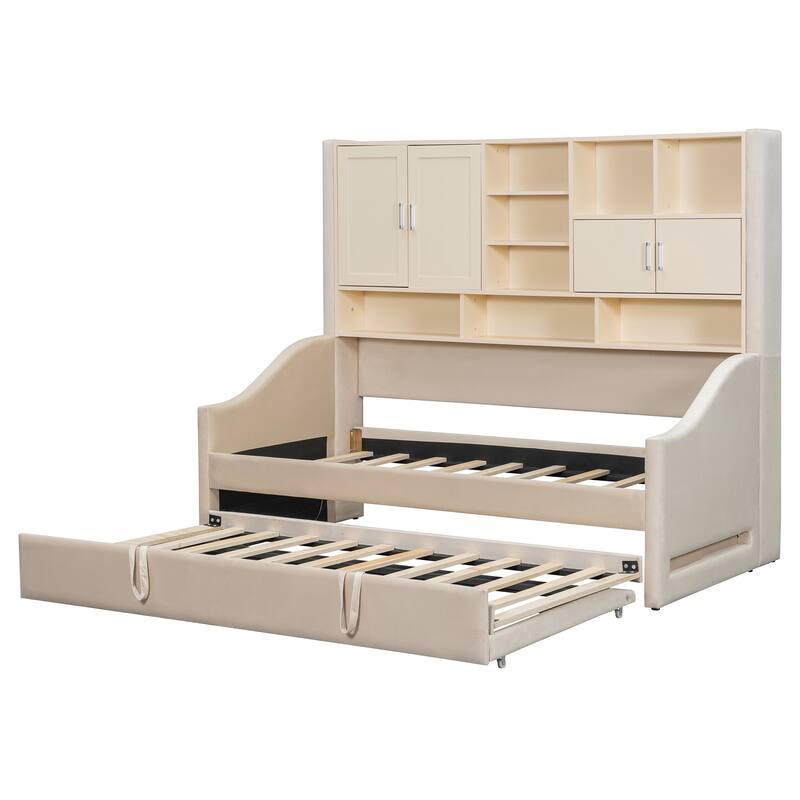 Twin Size Upholstered Daybed Sofa Bed with All-in-one Bookcase Storage Cabinets Shelves, Pull-out Lift-up Trundle, Arm Lights