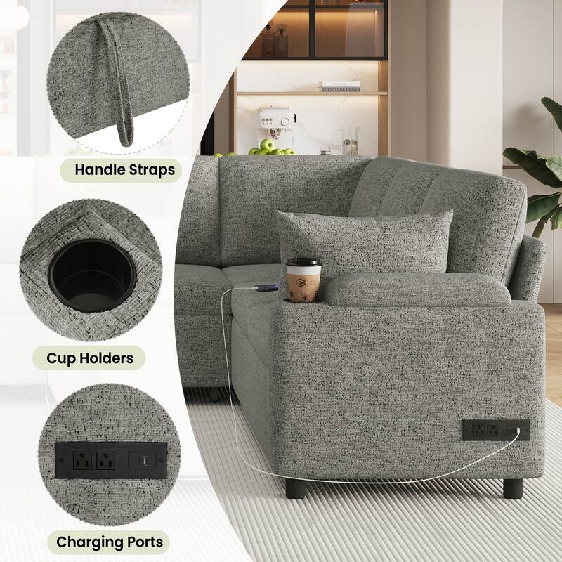 U-Shaped Chenille Sectional Sofa with Storage Chaise Lounge, Convertible Sleeper Sofa Bed with Cup Holders & Charging Ports