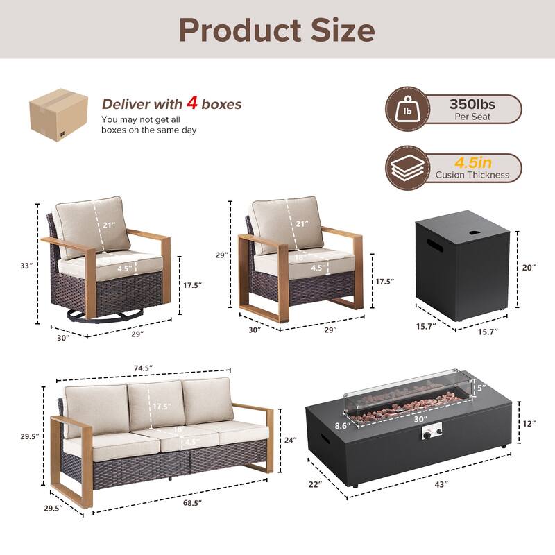 Meyreso Wicker Outdoor Patio Fire Pit Set with Swivel Gliders and 4.5-Inch Olefin Cushions