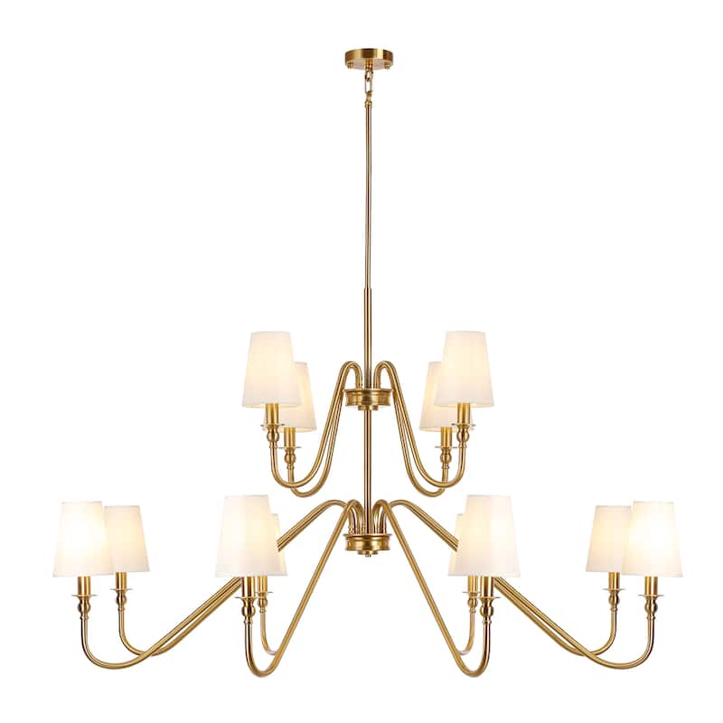 Bella 12-Light 2- Tier Classic Modern Black & Gold Finish Chandelier With Beige Fabric Stay-Straight Shades