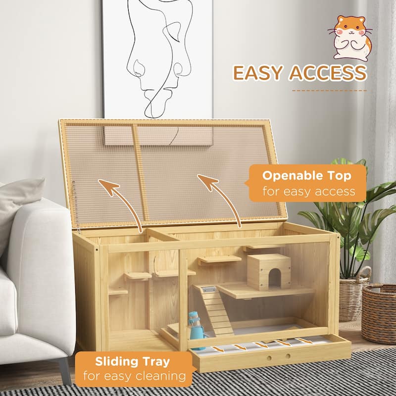 Natural Fir Wood Dwarf Hamster Cage with and Removable Tray Seesaw and Water Dispenser - 39.25" L x 19.75" W x 19.75" H