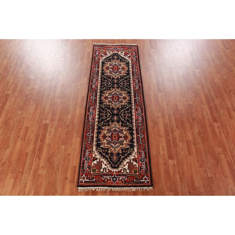 Hand Knotted Oriental 100% Wool Carpet Traditional Geometric Navy Blue & Blues Heriz (serapi) Runner Rug - 7' 10'' X 2' 7''