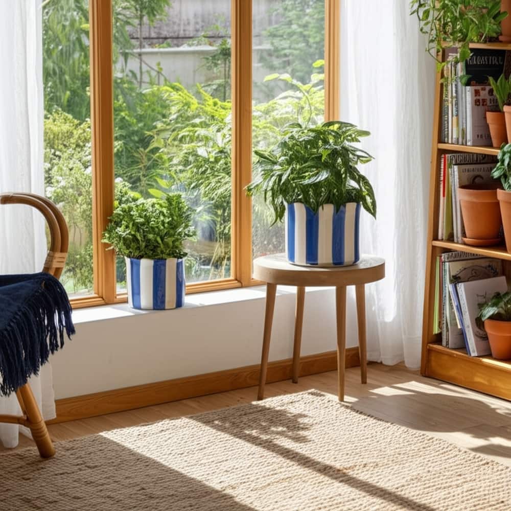 Ceramic Planter Scalloped Edge and Vertical Textured Design (Set of 2) - 8" x 8" x 7"