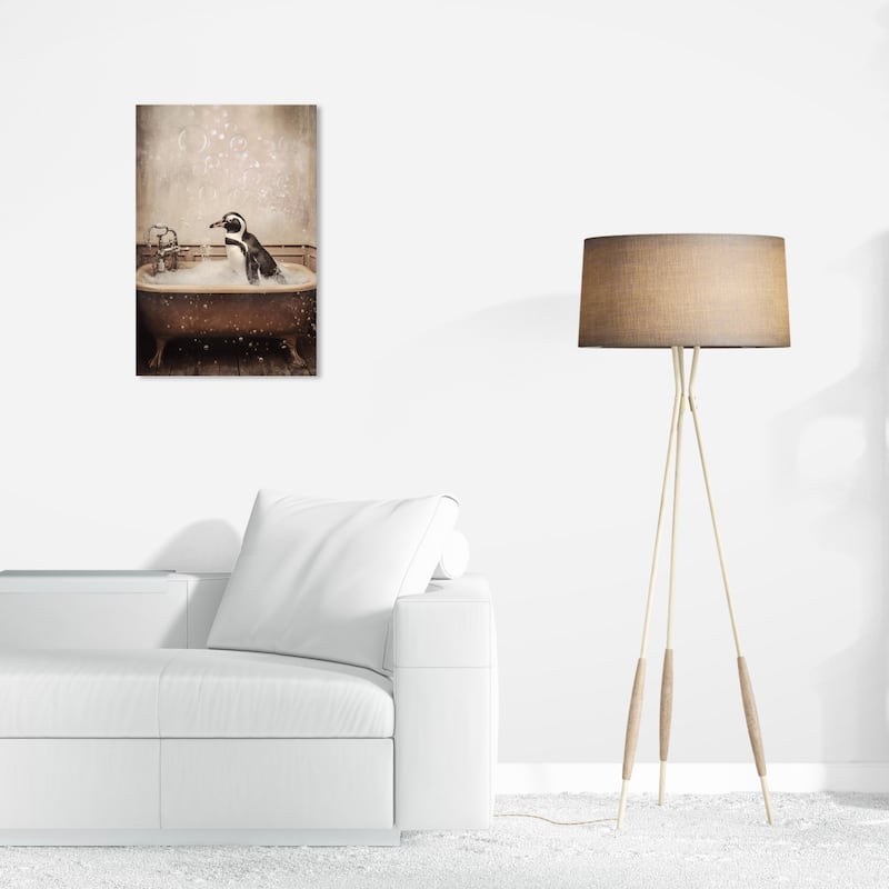Wynwood Studio Canvas Animals Penguin Bubble Bath Brown and Traditional Wall Art Canvas Print - Brown, White - 24 x 16