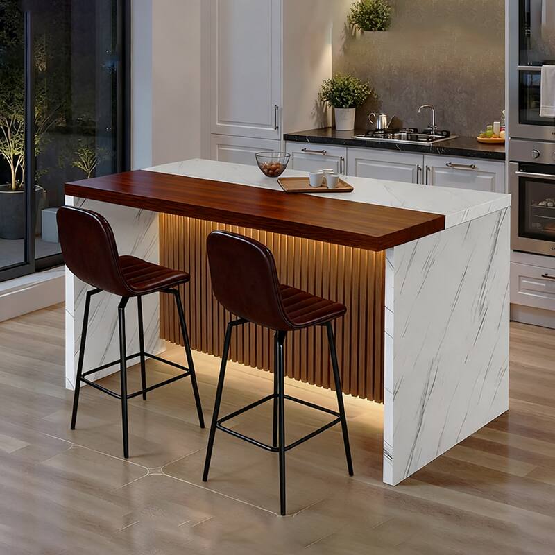 63" Kitchen Island with Marble Look Surface, LED Lights & Grille Design