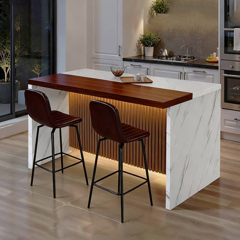 63" Modern Kitchen Island with Marble-Look Surface, LED Lights & Grille Design for Dining Room, Living Room