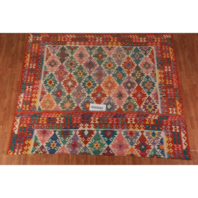 All-Over Geometric Kilim Oriental Area Rug Flatweave Wool Carpet - 8'7"x 9'4"