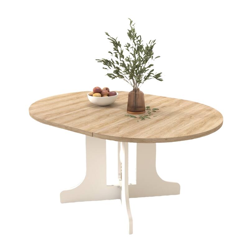 43-59" Expandable Round Dining Table with X-Base, Oak Veneer, Seats 6
