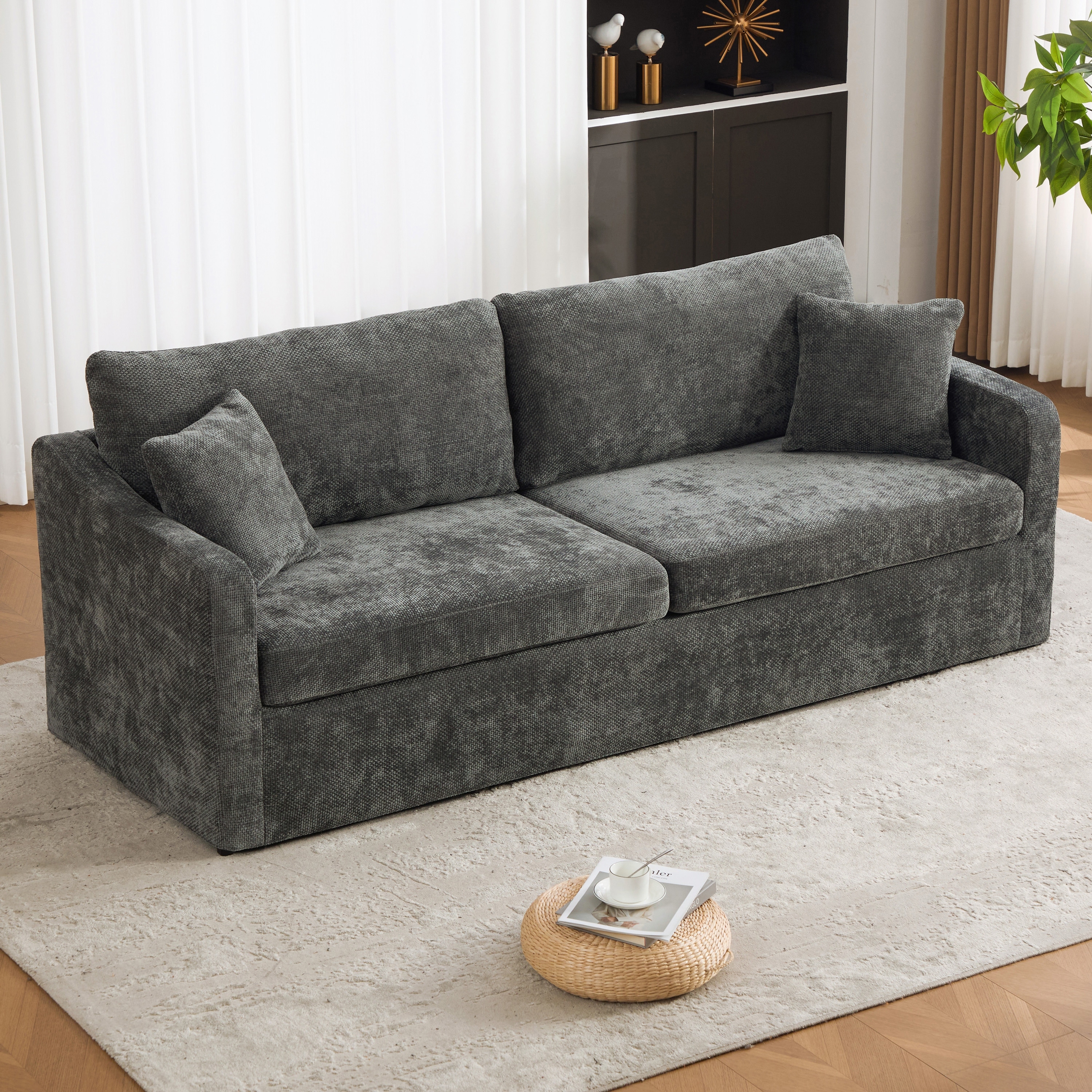 86.6" W Chenille Sofa,Upholstered 2-seater Loveseat Sofa Couch With Pillows