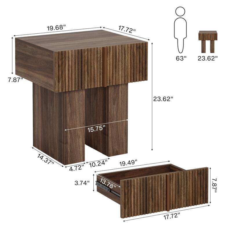 Modern Nightstand, Fluted Night Stand with Storage Drawer for Bedroom, Living Room