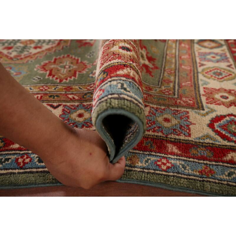 Hand Knotted Oriental 100% Wool Carpet Traditional Geometric Green Kazak Area Rug - 5' 11'' X 4' 0''