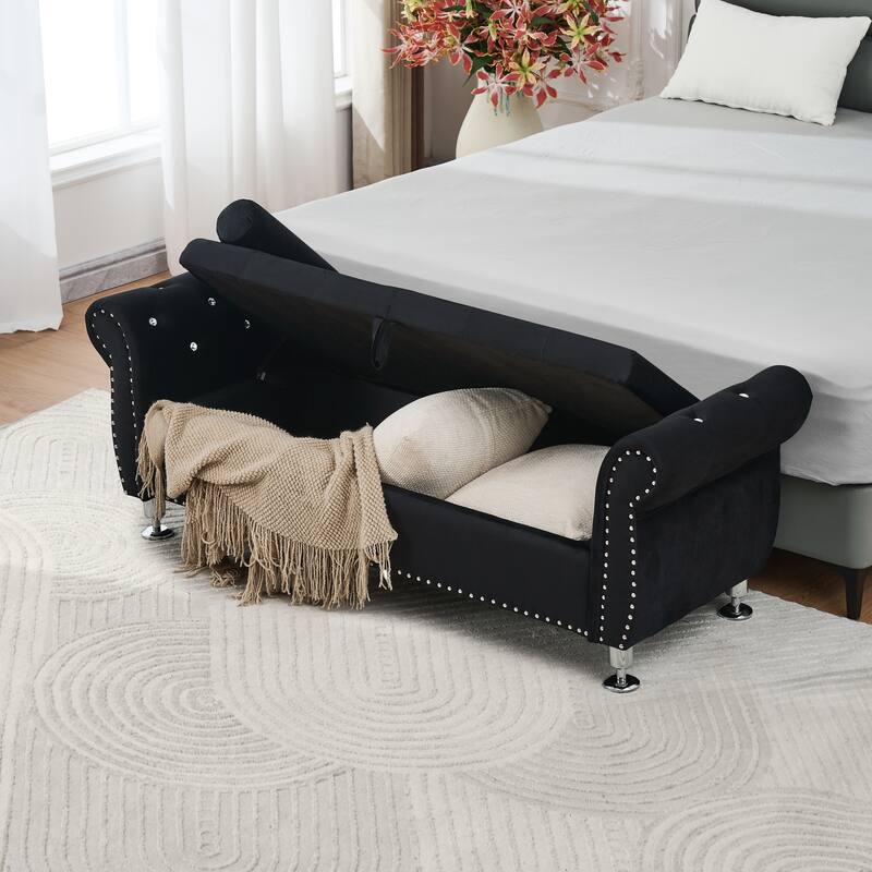 Velvet Storage Bench 62.2 Inch Upholstered Tufted Ottoman Bench with Rolled Arms, Large End of Bed Bench with Rivet Decoration