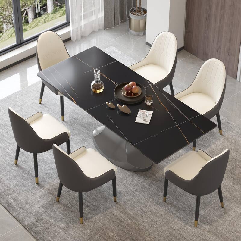 Rectangular Dining Table, Faux Marble Kitchen Dining Table with Grey Pedestal. - Black - 78.74"