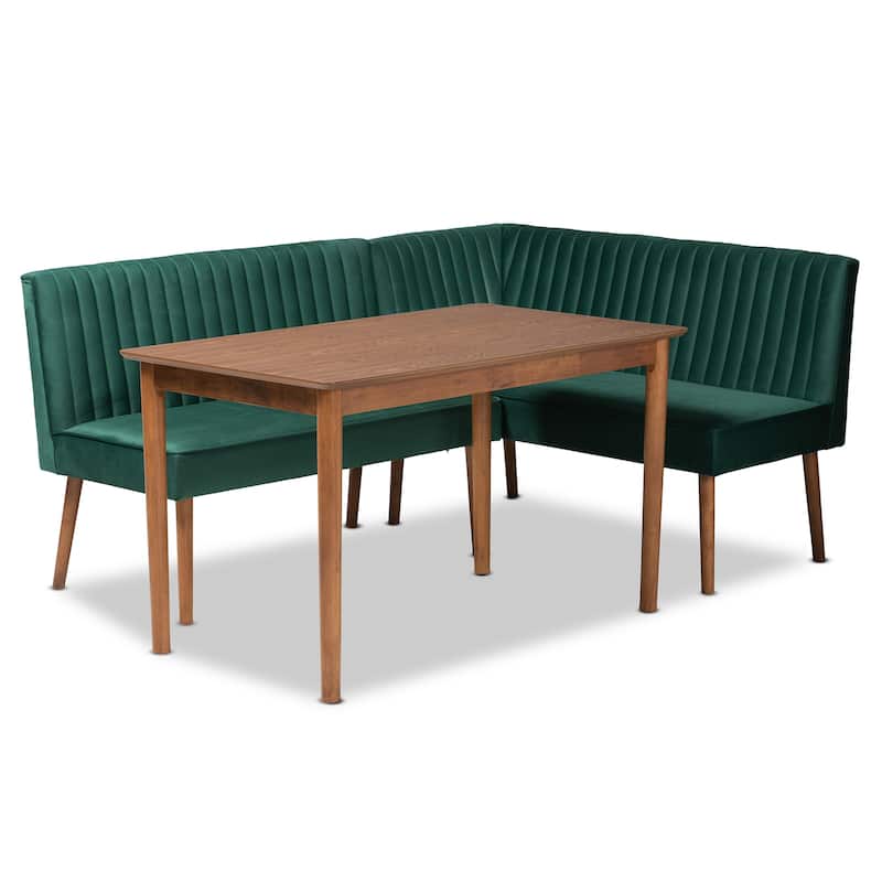 Alvis Mid-Century Emerald Green Velvet Upholstered Wood Dining Nook Set - 3PC Dining Nook Set