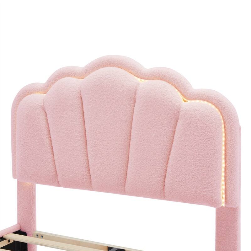 Upholstered Platform Bed with Flower-Shaped Headboard & LED Light Strip, Twin/Full Size Sherpa Fabric Bed Frame w/ Slats Support