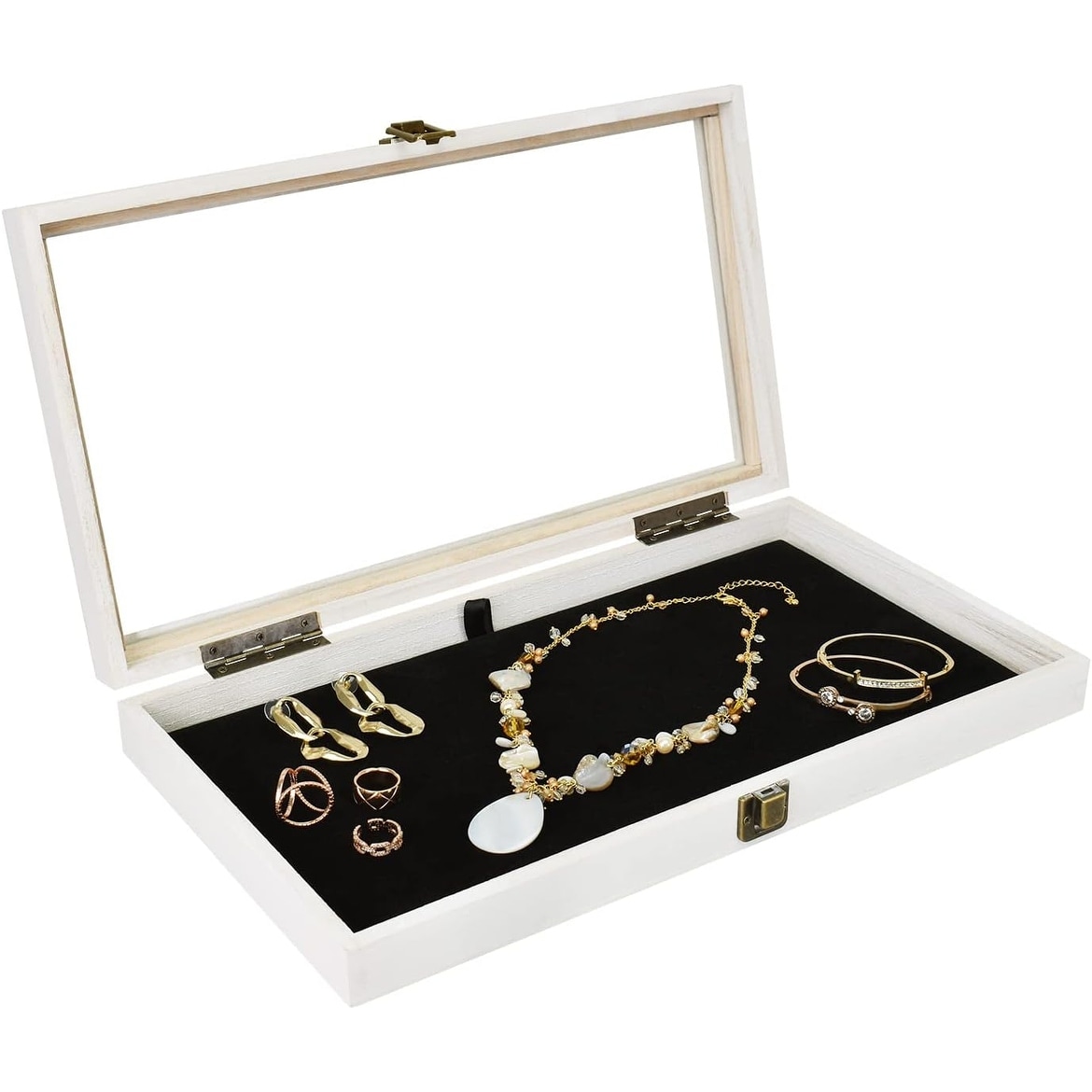 Wooden Jewelry display case with Tempered Glass Top Lid Washed