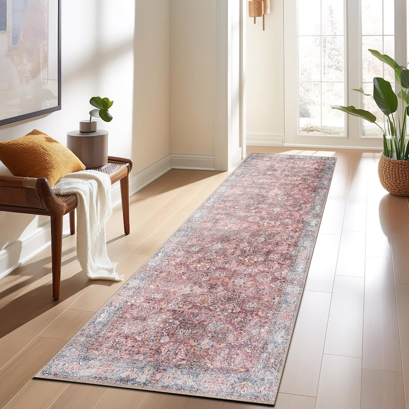 World Rug Gallery Transitional Bordered Vintage Machine Washable Non Slip Area Rug - 2' 6" x 10' - Multi - Runner