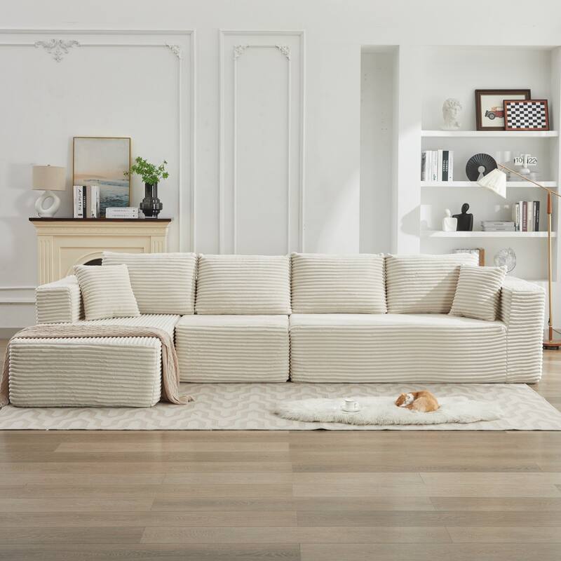 Modular Sectional Sofa with L-Shape Chaise, Oversized Corduroy Upholstered Cloud Sofa, Deep Seat Sofa with 2 Throw Pillows