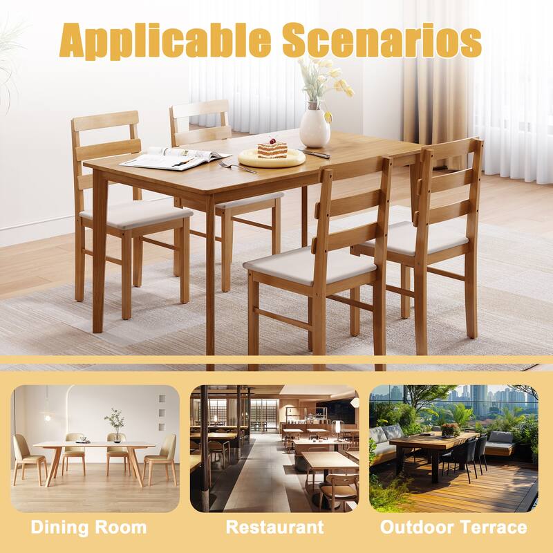 5 Piece Solid Wood Dining Set with Rectangle Table and 4 Upholstered Chairs Natural Finish