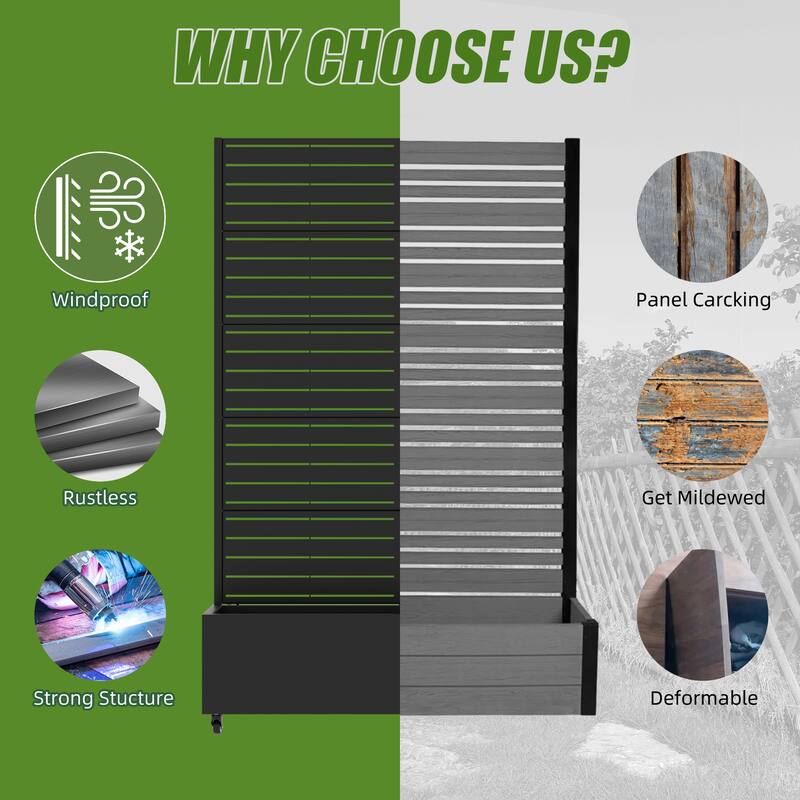 Privacy Screen Planter with Trellis Metal Planter Box with 360° Lockable Wheels & Drainage Holes Raised Garden Bed - 72"x47"