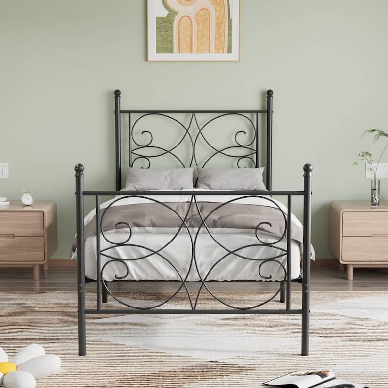 VECELO Metal Bed Frame with High Headboard and Footboard Platform Beds with Heavy Duty Mattress Foundation - Black - Twin