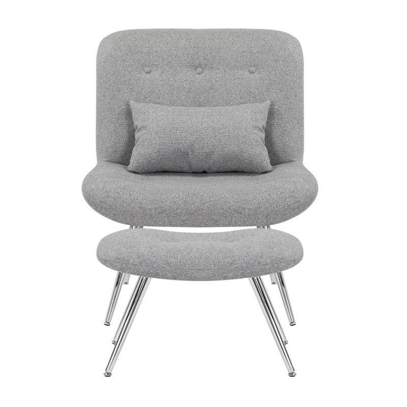 Lea 2pc Modern Lounge Chair and Ottoman Set, Gray Woven Upholstery, Chrome