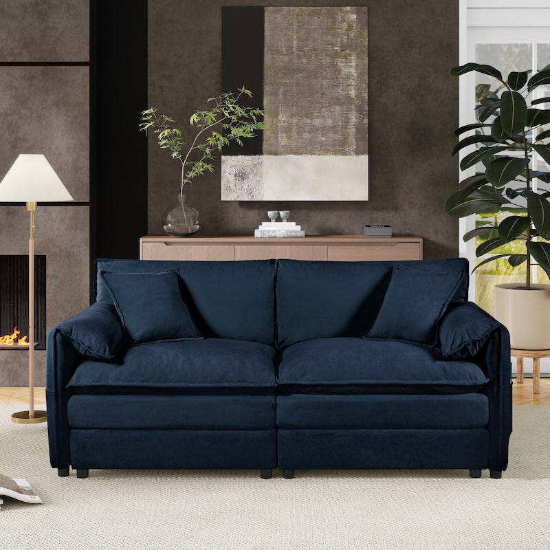 64" Oversized Chenille 2-Seater Sofa with DIY Combo & Storage Pockets - Blue