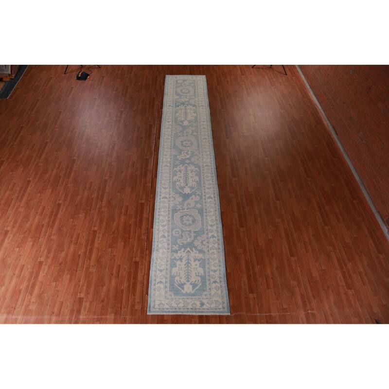 Hand Knotted Oriental 100% Wool Carpet Transitional Geometric Navy Blue & Blues Oushak Runner Rug - 18' 10'' X 3' 5''