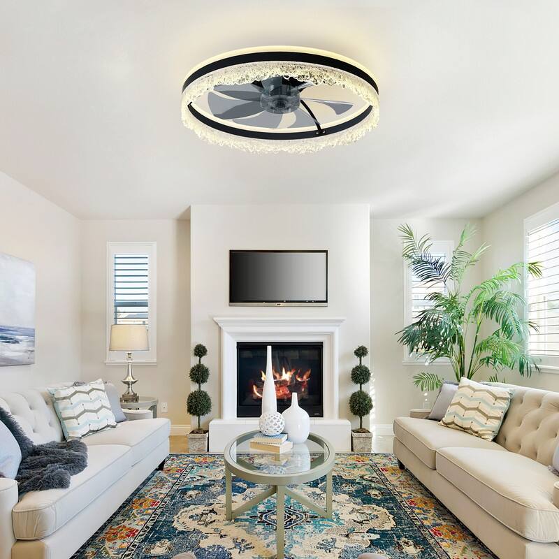 Smart Silent LED Ceiling Fan with Light Crystal Flush Mount, Hidden Blades