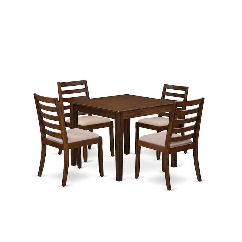 East West Furniture Dining Table Set consists of a square Table and stackable Chair, Antique Walnut (Pieces & Seat Options) - OXX15-AWA-04