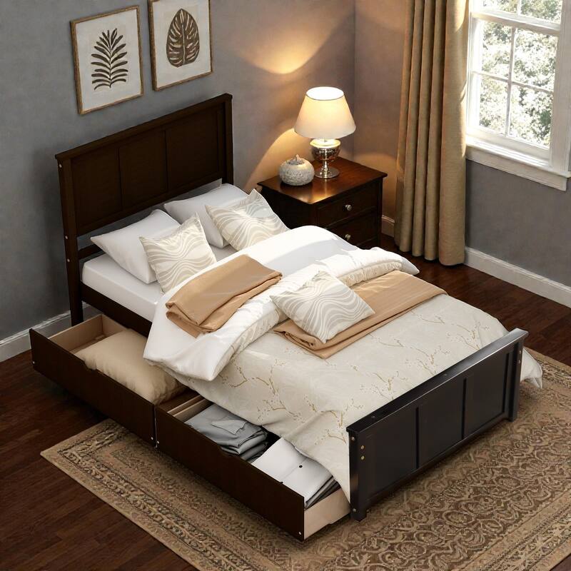 Twin Size Platform Storage Bed with 2 Drawers, Solid Wood & MDF Frame, Under-Bed Rolling Drawers, No Box Spring Needed