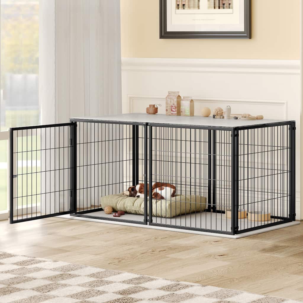 48" Iron Dog Kennel with Top, Pet Cage Indoor Outdoor Kennel