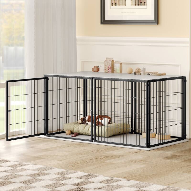 48" Iron Dog Kennel with Top, Pet Cage Indoor Outdoor Kennel - Black