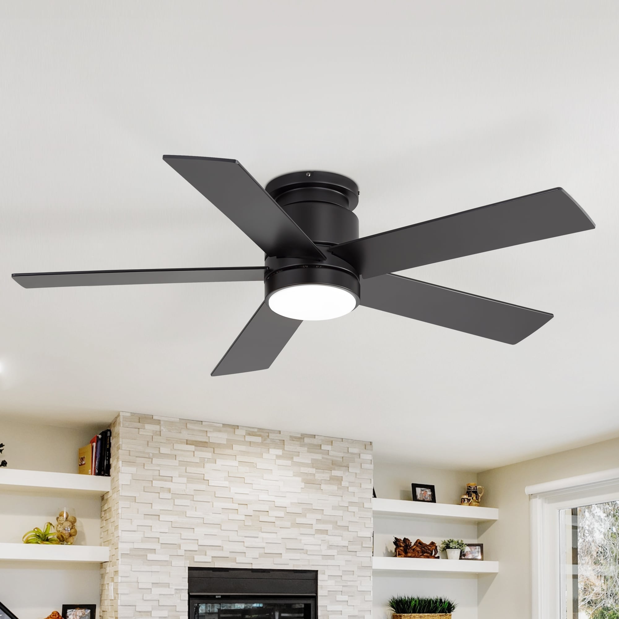 52/42-inch 5-Blade Black Flush Mount Ceiling Fan with LED Light and Remote