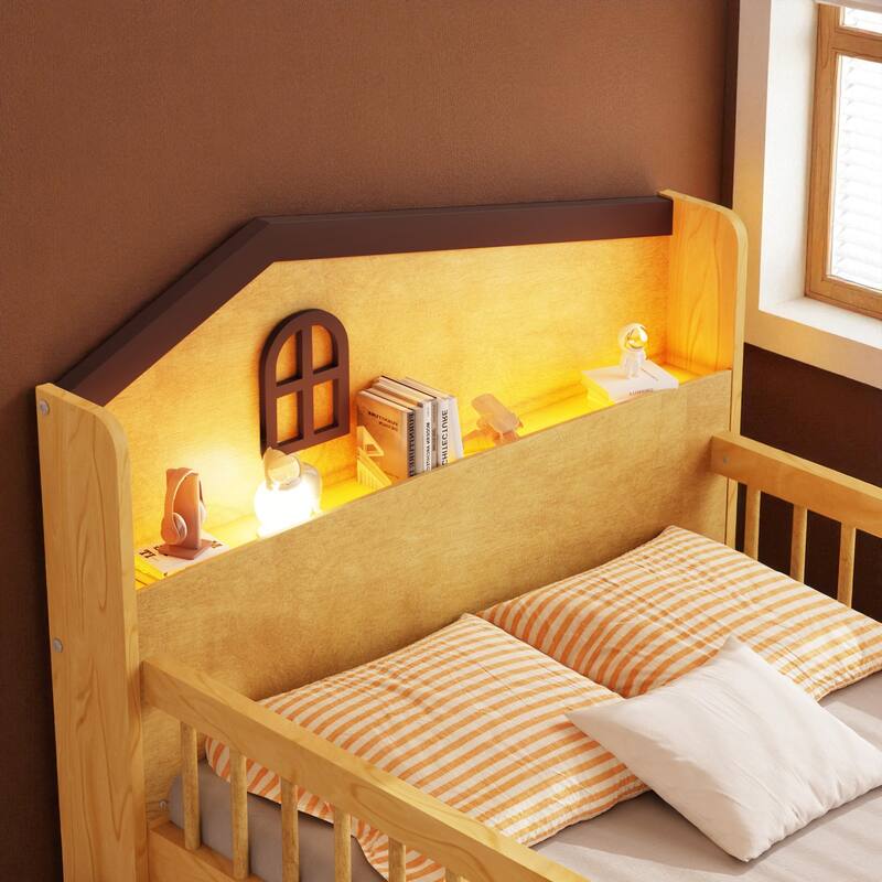 Twin Size Low Loft Bed with LED Light, Wooden Kids Loft Bed with Storage Drawers and House Headboard