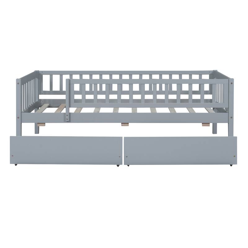 Twin Size Wood Daybed with Two Drawers, Space-Saving Design, Gray Finish